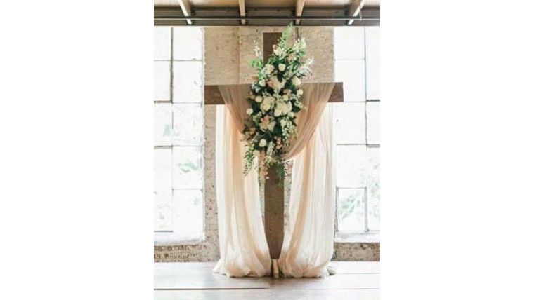 Wooden Cross with draping &amp; floral Architecture &amp; Structures rental for events in Atlanta