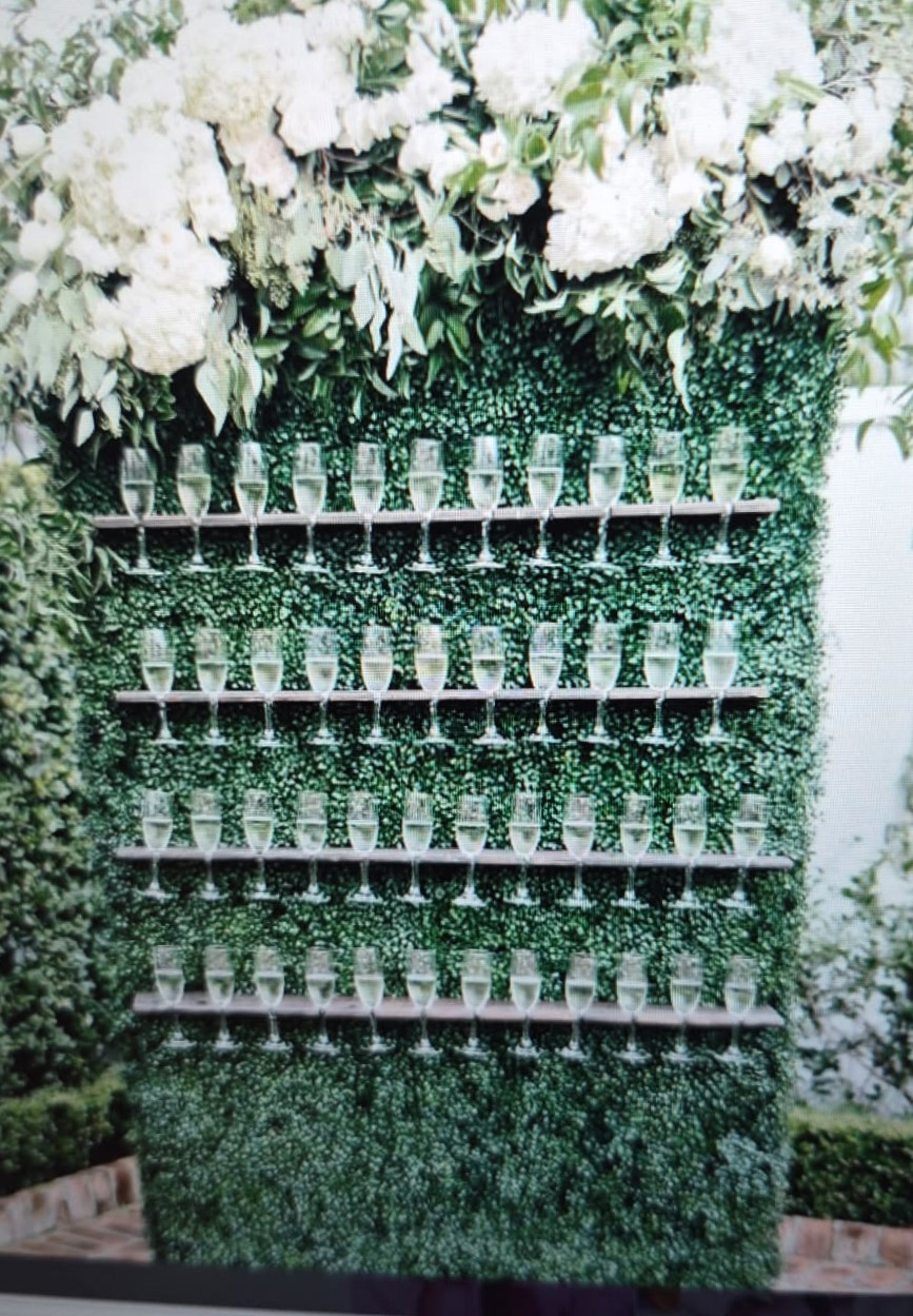 Champagne Wall Greenery Box Wood Backdrops rental for events in Atlanta