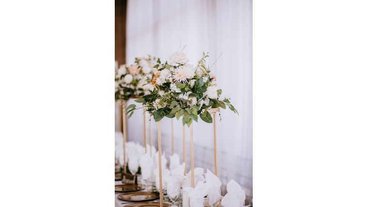 Tall Gold Centerpieces with Beautiful Floral Arrangement Centerpieces rental for events in Atlanta