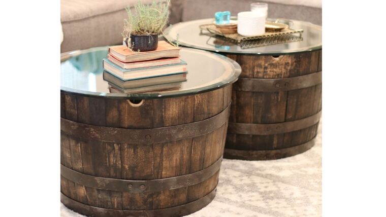 Table- Half Wine Barrel/Glass Top Crates &amp; Barrels rental for events in Atlanta