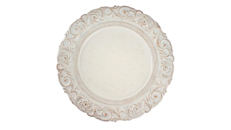 Charger- White Ornate Acrylic Plate (Rented in sets of 10) Dinnerware rental for events in Atlanta