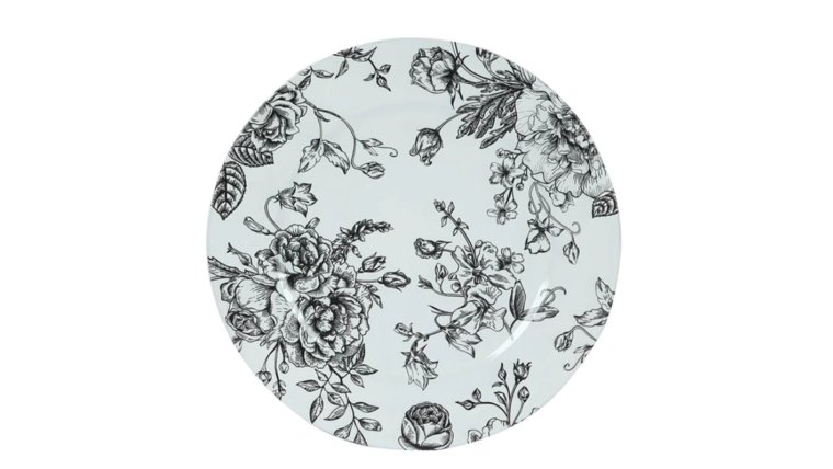 Charger- White with Black Floral French Toile Acrylic (Rented in sets of 10) Dinnerware rental for events in Atlanta