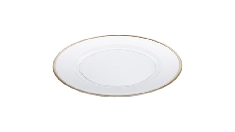 Clear Acrylic Charger with Gold Rim (Rented in sets of 10) Dinnerware rental for events in Atlanta