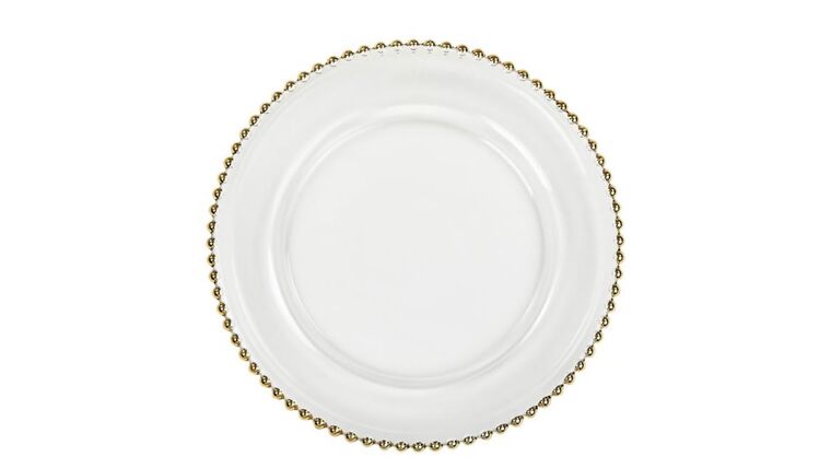 Clear Glass Charger with Gold Beaded Rim (Rented in sets of 10) Dinnerware rental for events in Atlanta