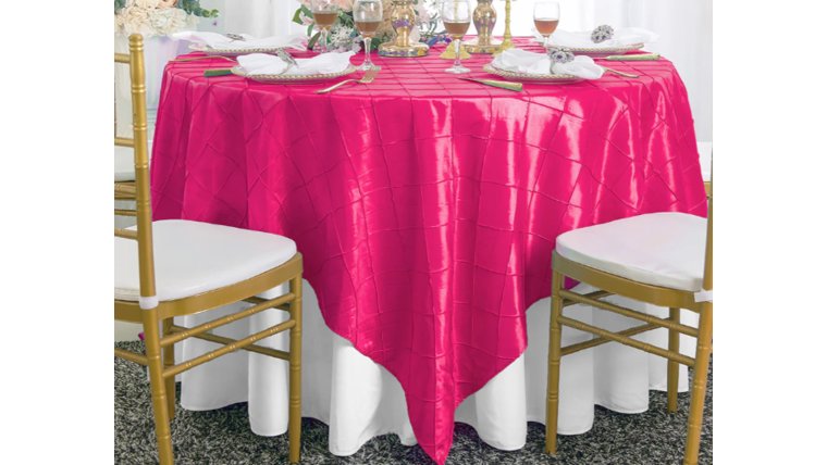 Overlay- 85X85 Square Pintuck Taffeta Table Overlay Fuchsia Overlays rental for events in Atlanta