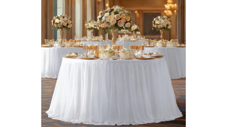 Tablecloth- 120" Round White Spandex with Tulle Table Skirt Skirt rental for events in Atlanta