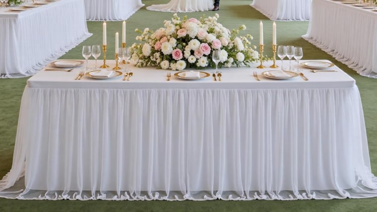 Tablecloth- 90" X 156" Round White Spandex with Tulle Table Skirt Skirt rental for events in Atlanta