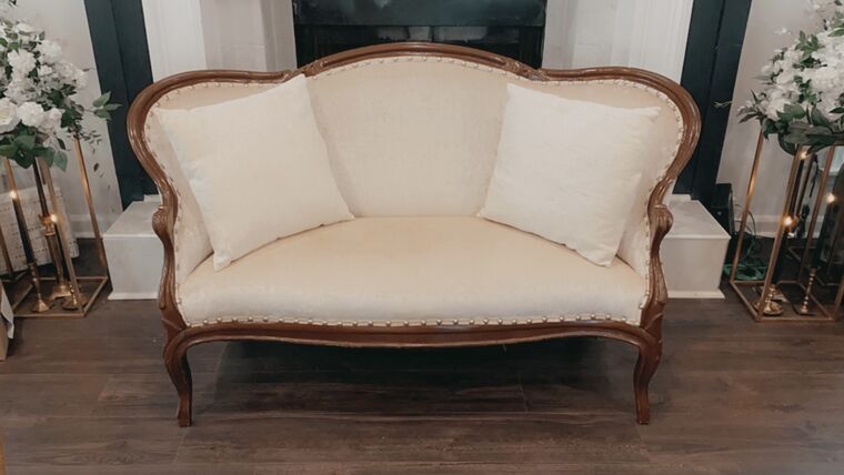 Sofa- Cream w/ Wood Accent Sofas rental for events in Atlanta
