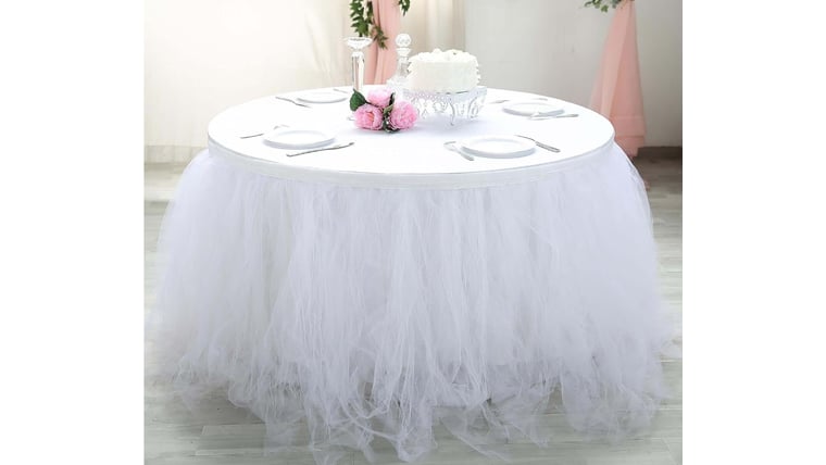 Table Skirt- 14FT White 4 Layer Tule (6' Rectangle or 48" Round) Tablecloths rental for events in Atlanta