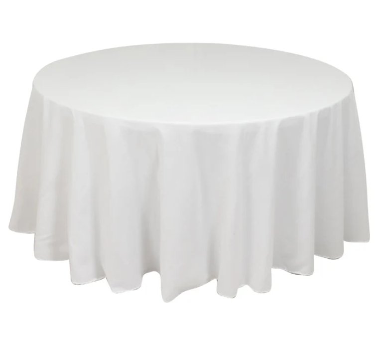 Tablecloth- 108" Round Polyester White Tablecloths rental for events in Atlanta