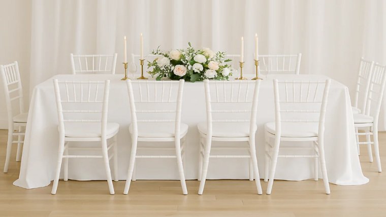 Tablecloth- 108" X 156" Rectangle Polyester White Tablecloths rental for events in Atlanta