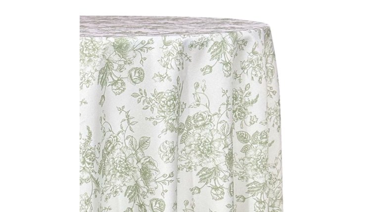 Tablecloth- 120" Round Green French Toile Tablecloths rental for events in Atlanta