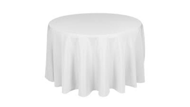 Tablecloth- 120" Round Polyester White Tablecloths rental for events in Atlanta