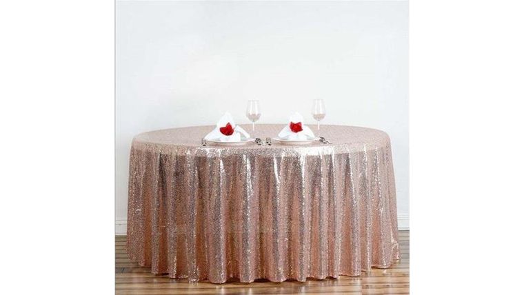 Tablecloth- 120" Round Sequin Rose Gold Tablecloths rental for events in Atlanta