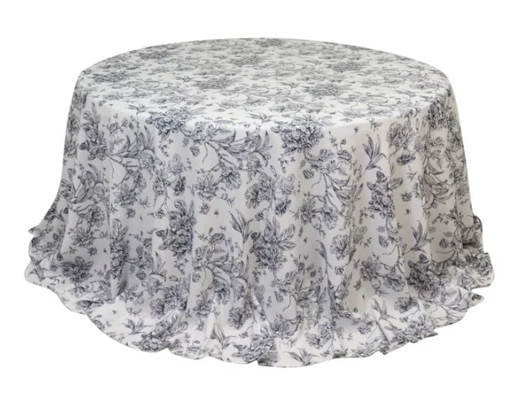 Tablecloth- 132" Round Black French Toile  Tablecloths rental for events in Atlanta