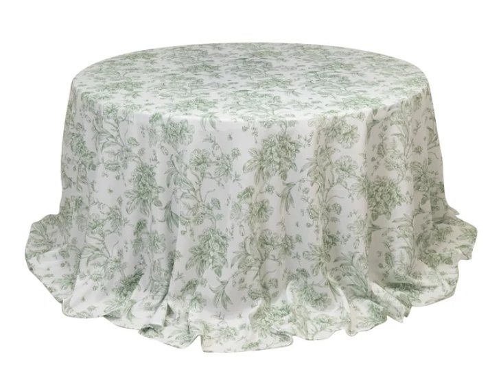 Tablecloth- 132" Round Green French Toile Tablecloths rental for events in Atlanta