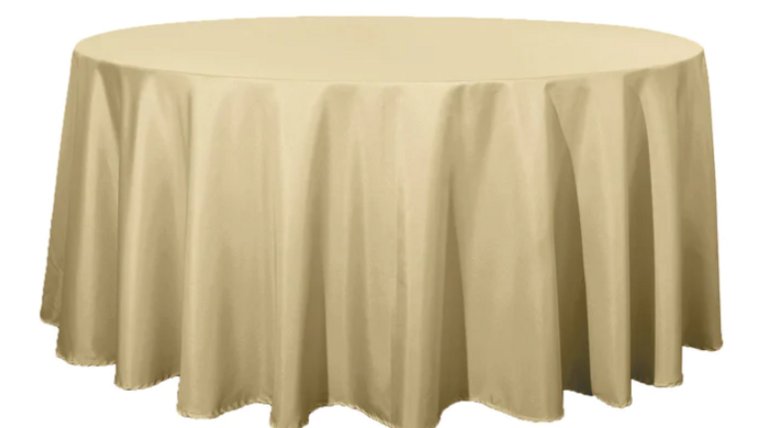 Tablecloth- 132" Round Polyester Champagne Tablecloths rental for events in Atlanta