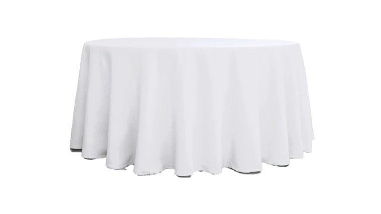 Tablecloth- 132" Round Polyester White Tablecloths rental for events in Atlanta