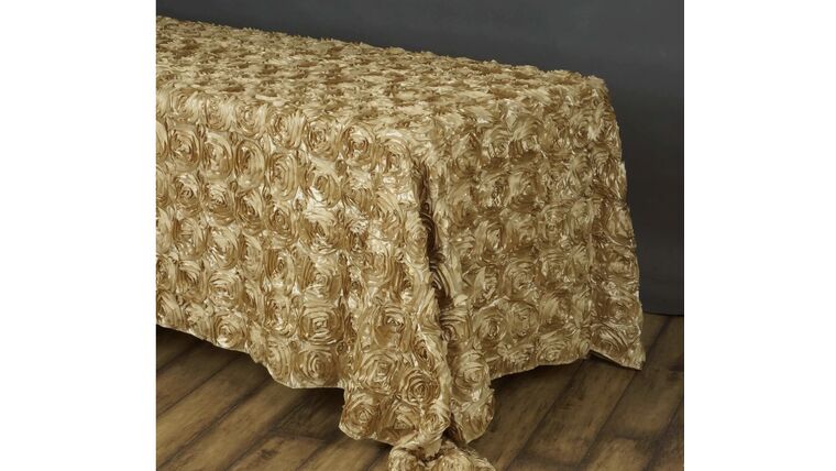 Tablecloth- 90" X 156" Rectangle Grandiose Rosette 3D Satin Champagne Tablecloths rental for events in Atlanta