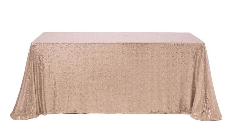 Tablecloth- 90" X 156" Rectangle Sequin Rose Gold Tablecloths rental for events in Atlanta