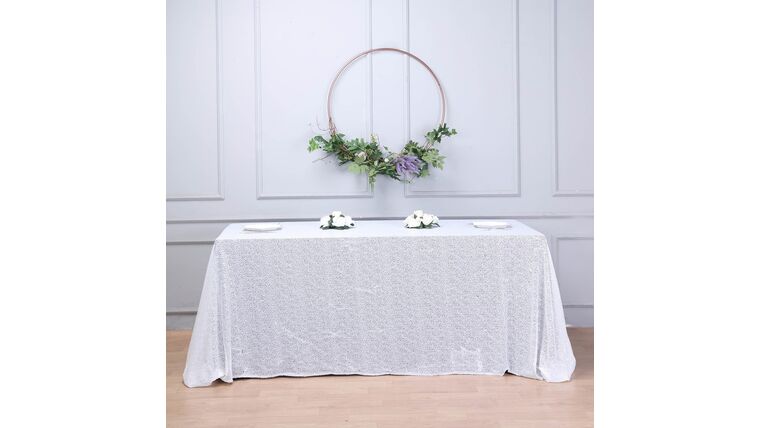 Tablecloth- 90" X 156" Rectangle Sequin White Tablecloths rental for events in Atlanta